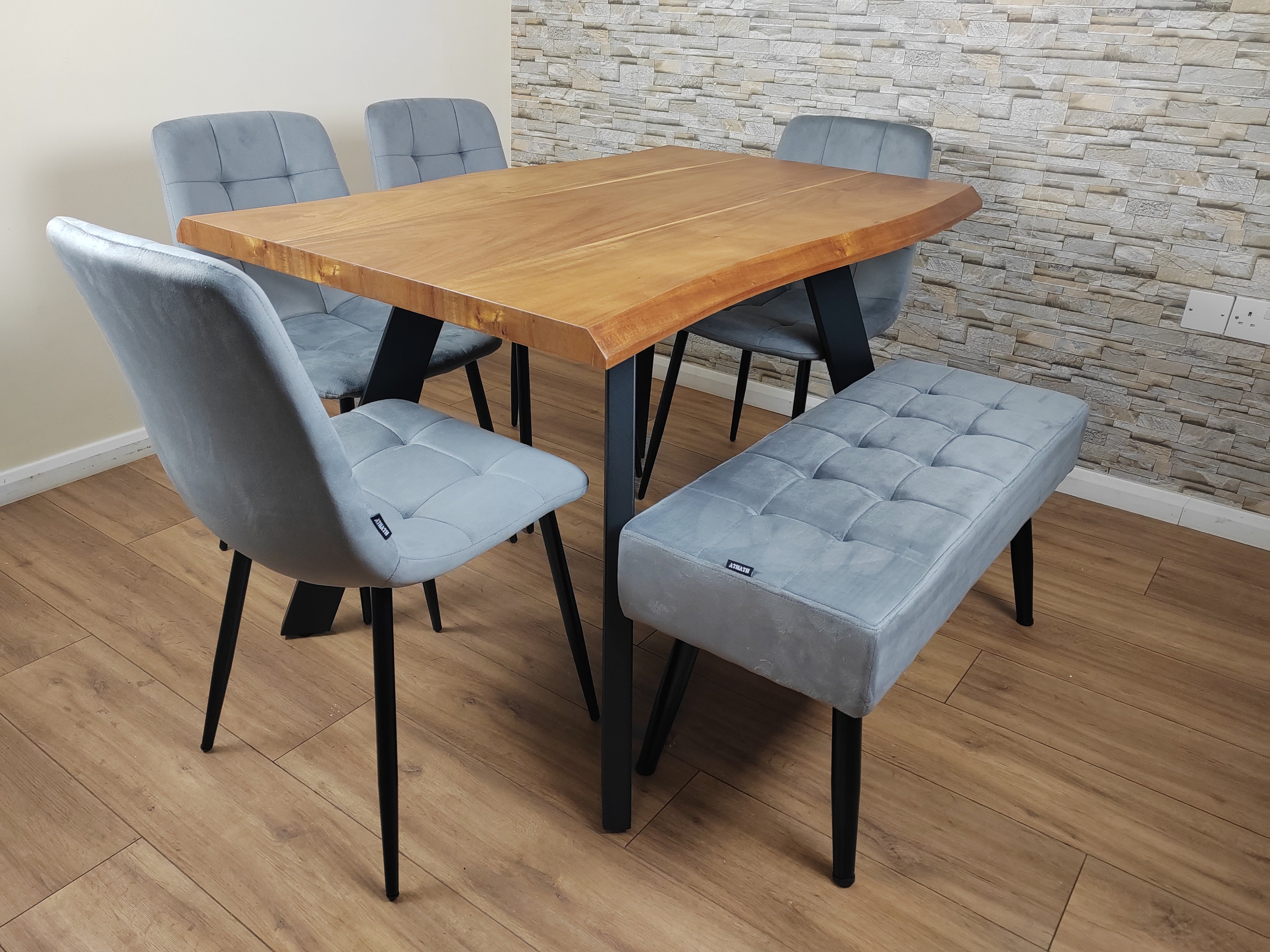 Dining Table and Chairs Set 4 with Bench - Dining Table and Chairs with Bench - Set of Dining Table and 4 Velvet Chairs with Velvet Bench - Dining Room Set