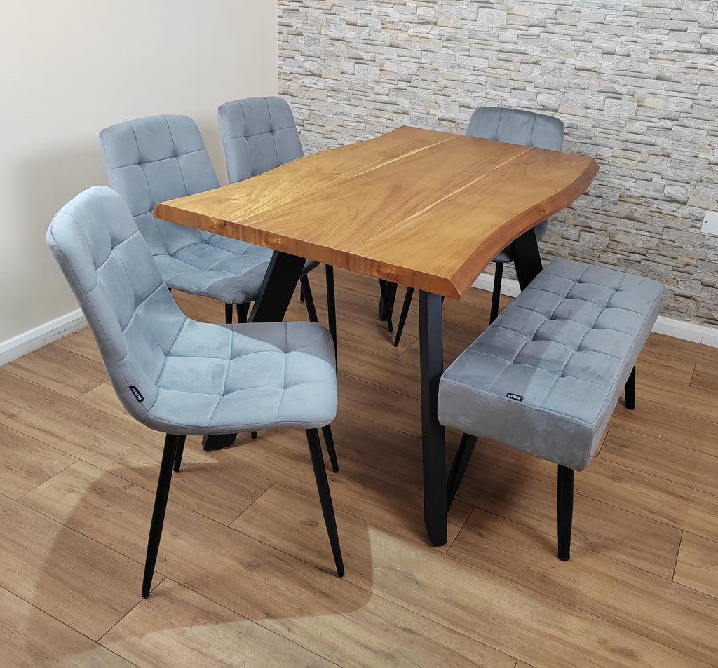 Dining Table and Chairs Set 4 with Bench - Dining Table and Chairs with Bench - Set of Dining Table and 4 Velvet Chairs with Velvet Bench - Dining Room Set