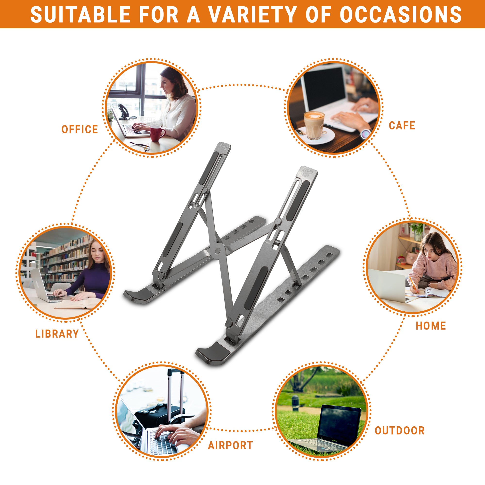 Foldable aluminium laptop riser to ventilated